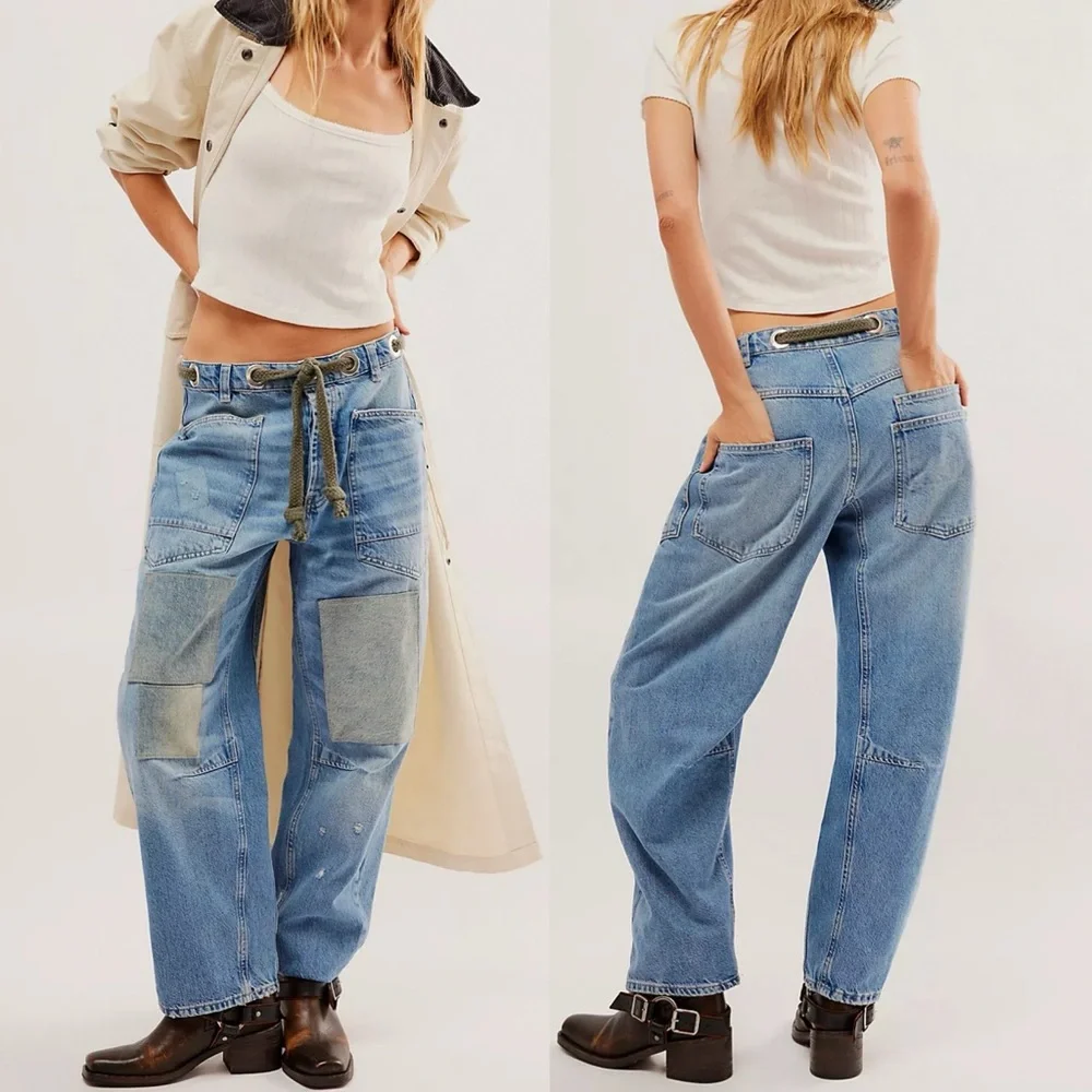 NWT Free People Moxie Pull On Barrel Leg Jeans Truest Blue